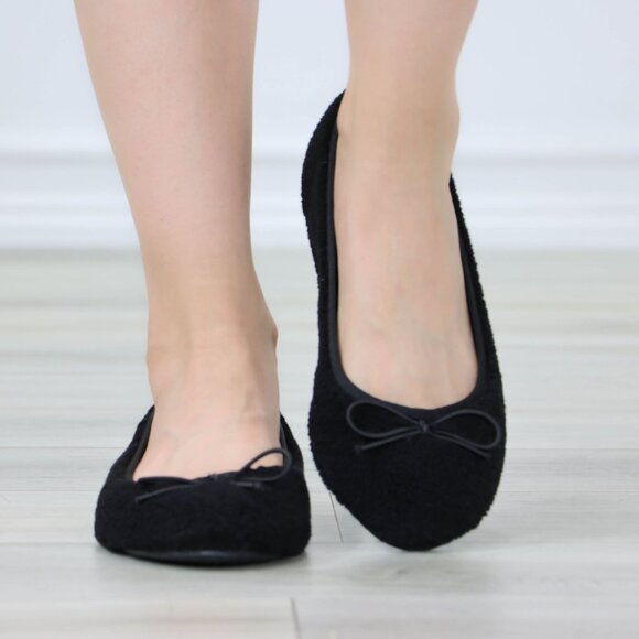 Black Ballet Flats Bow Detail Rounded Toe Slip-On Sherpa Upper - Picture 11 of 13